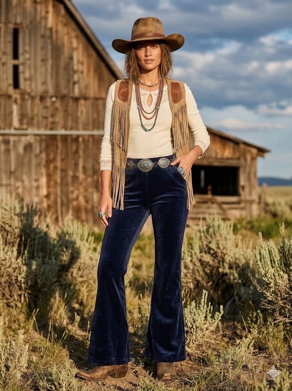 Studio Park Pants Womens 10 Blue Velvet Flare Pull On Western Boho Pockets